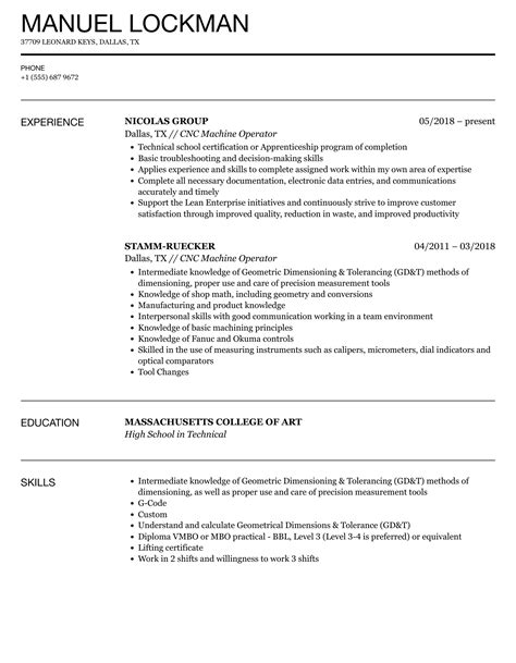 cnc resume examples.